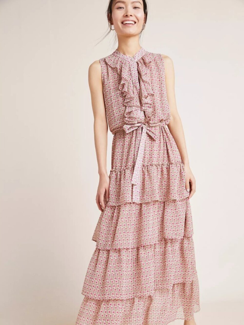 MISA Julez Pink Floral Chiffon Ruffle Belted Tiered Maxi Dress, Size S
